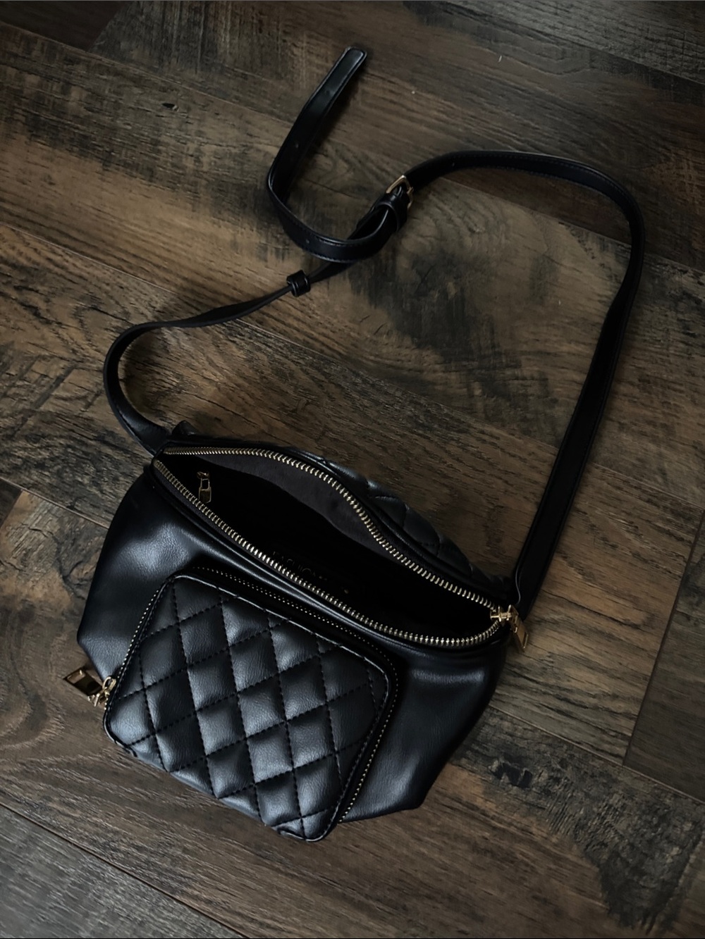 Fashion Nova Black Quilted Crossbody Belt Bag with Gold Hardware